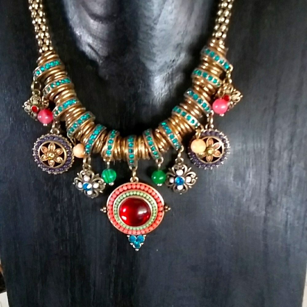 Copper/Gold Boho Necklace w Multi Separate Jewel Pieces on Beaded Metal Cord.
